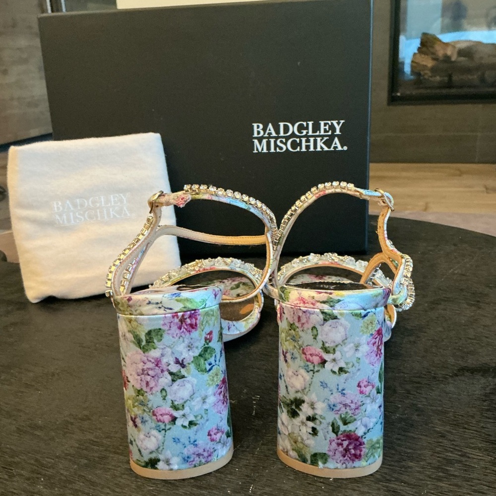 Badgley Mischka Floral Embellished Block Heel Sandals in White and Pastel Multi - Picture 5 of 8